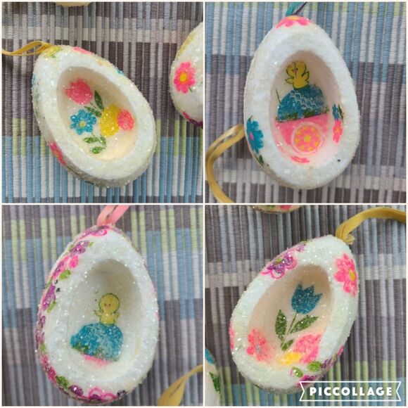 Vintage Large Sugared Glitter Foam Mod Eggs Floral Easter Decoupage Handmade - Picture 8 of 9